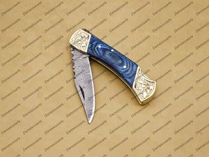 Personalized Custom Damascus Steel Folding Pocket Knife with Handle Olive Wood With Free Damascus Keychain knife