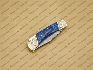 Personalized Custom Damascus Steel Folding Pocket Knife with Handle Olive Wood With Free Damascus Keychain knife