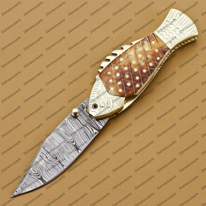 Personalized Custom Hand Made Damascus Steel Folding Knife Fish Shape Knife Pocket Knife Handle Makarta Sheet Best Gift with Leather Sheeth