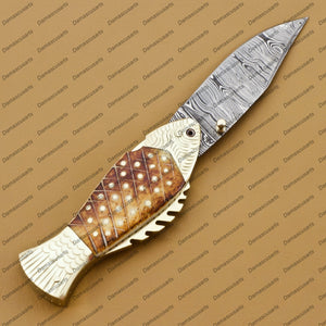 Personalized Custom Hand Made Damascus Steel Folding Knife Fish Shape Knife Pocket Knife Handle Makarta Sheet Best Gift with Leather Sheeth