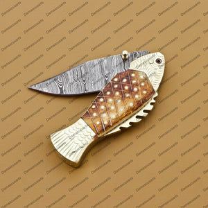 Personalized Custom Hand Made Damascus Steel Folding Knife Fish Shape Knife Pocket Knife Handle Makarta Sheet Best Gift with Leather Sheeth