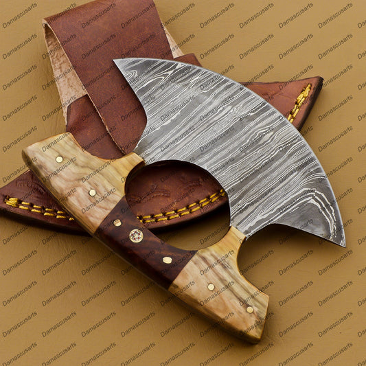 Personalized Custom Handmade Damascus Chef Kitchen Ulu Knife Chef Knife Heavy Duty Damascus Handle Koa Wood with Leather Sheath