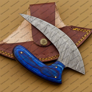 Personalized Custom Handmade Damascus Chef Kitchen Ulu Knife Chef Knife Heavy Duty Damascus Handle Blue Koa Wood with Leather Sheath