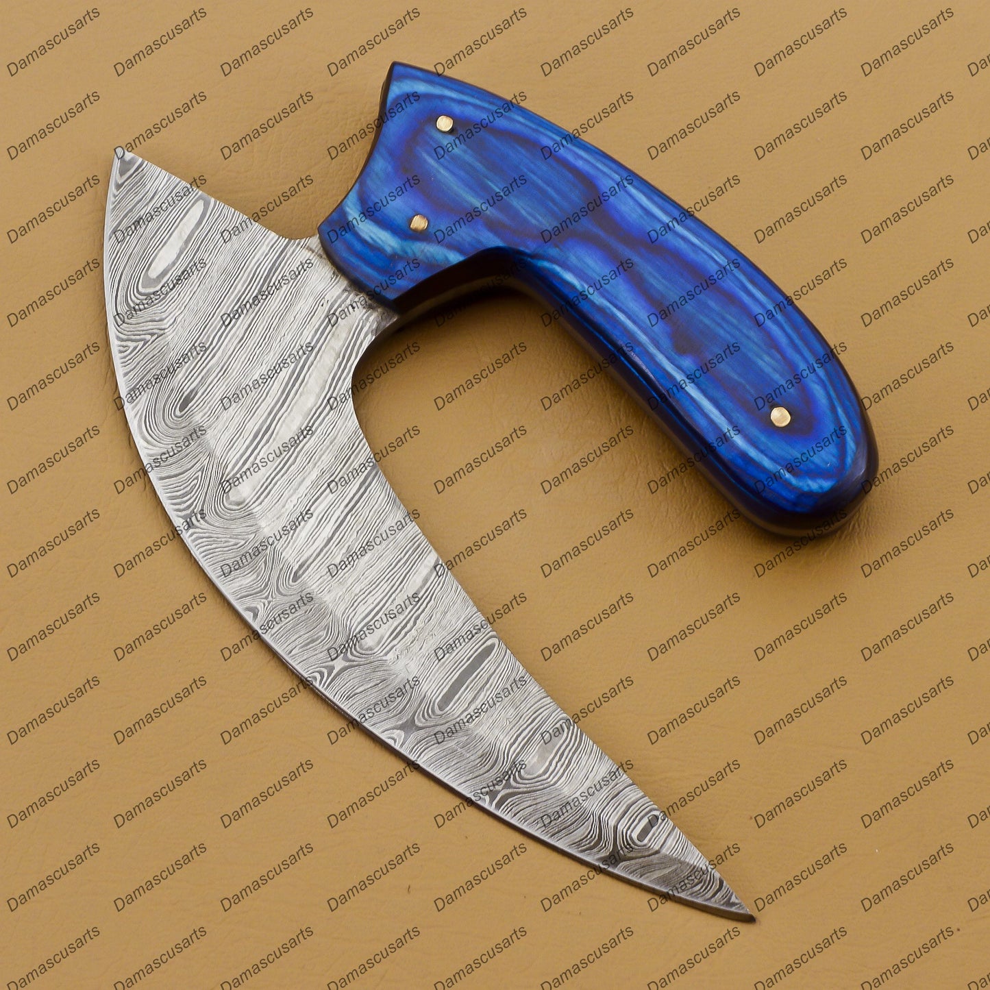 Personalized Custom Handmade Damascus Chef Kitchen Ulu Knife Chef Knife Heavy Duty Damascus Handle Blue Koa Wood with Leather Sheath