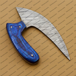 Personalized Custom Handmade Damascus Chef Kitchen Ulu Knife Chef Knife Heavy Duty Damascus Handle Blue Koa Wood with Leather Sheath