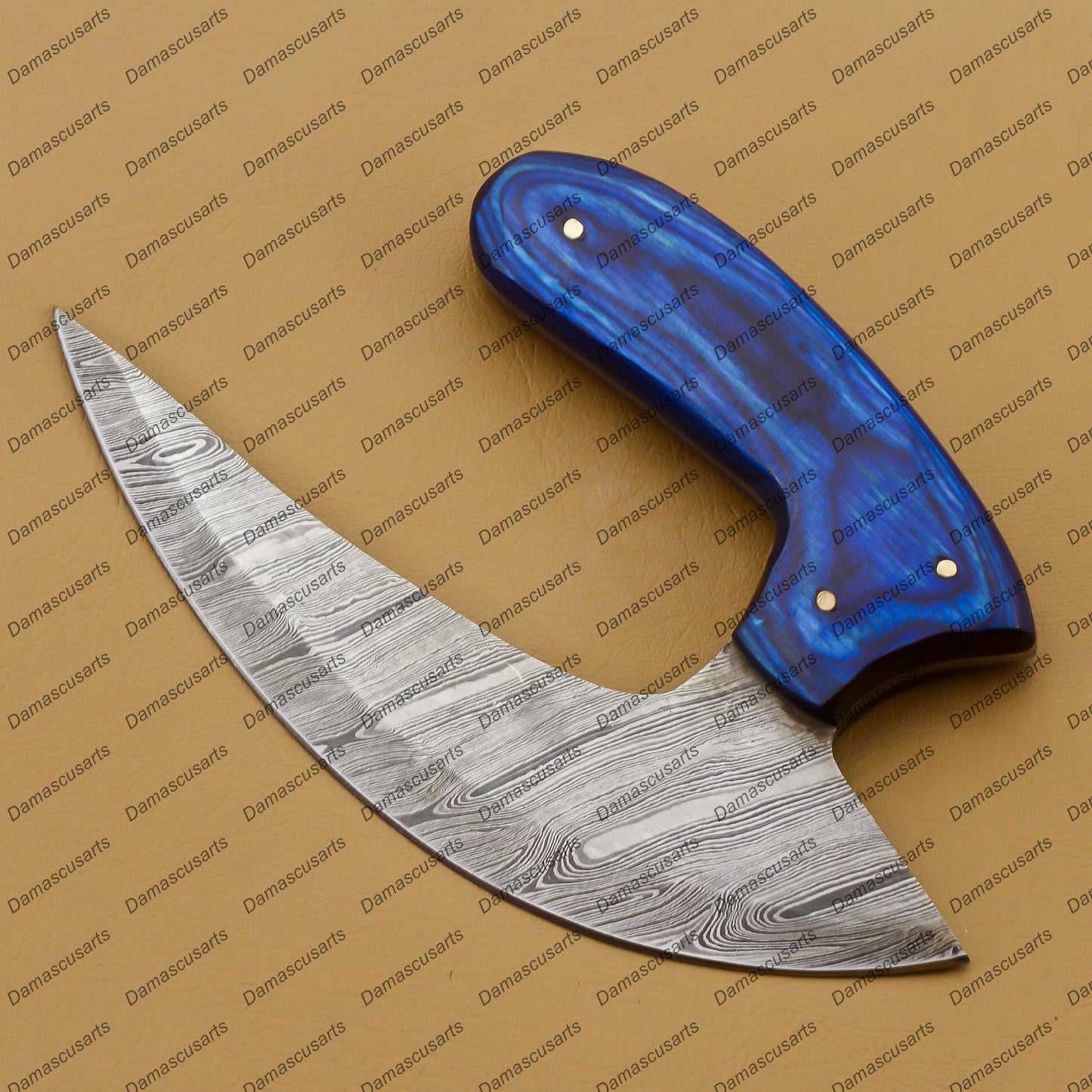 Personalized Custom Handmade Damascus Chef Kitchen Ulu Knife Chef Knife Heavy Duty Damascus Handle Blue Koa Wood with Leather Sheath