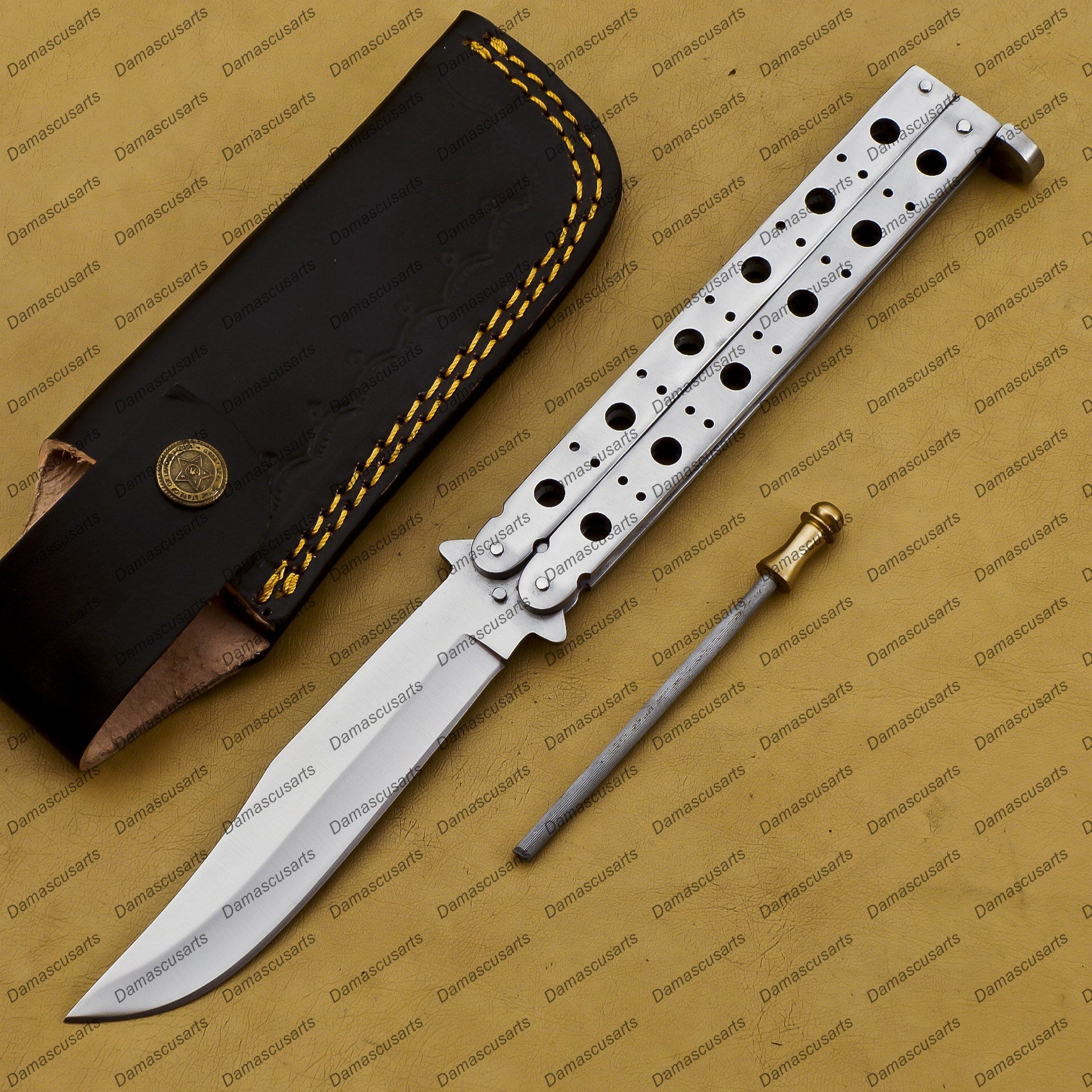 Personalize Custom Silver-Spotted 12cm” blade High Carbon Filipino Balisong Butterfly Knife World Class Knives with Leather Sheath