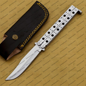 Personalize Custom Silver-Spotted 12cm” blade High Carbon Filipino Balisong Butterfly Knife World Class Knives with Leather Sheath