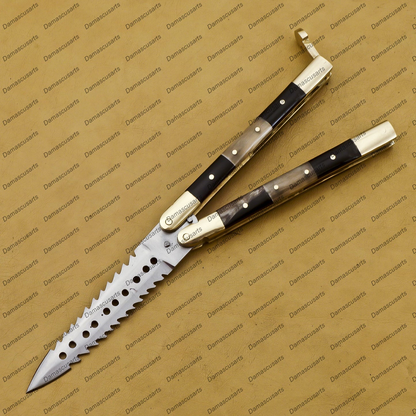 Personalize Handmaded2 Tool Steel Filipino Balisongs Butterfly Stainless Steel Brass with Bone with Rosewood Inserts Knives World-Class Knives with Leather Sheath