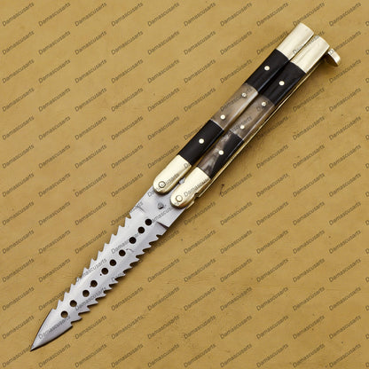 Personalize Handmaded2 Tool Steel Filipino Balisongs Butterfly Stainless Steel Brass with Bone with Rosewood Inserts Knives World-Class Knives with Leather Sheath