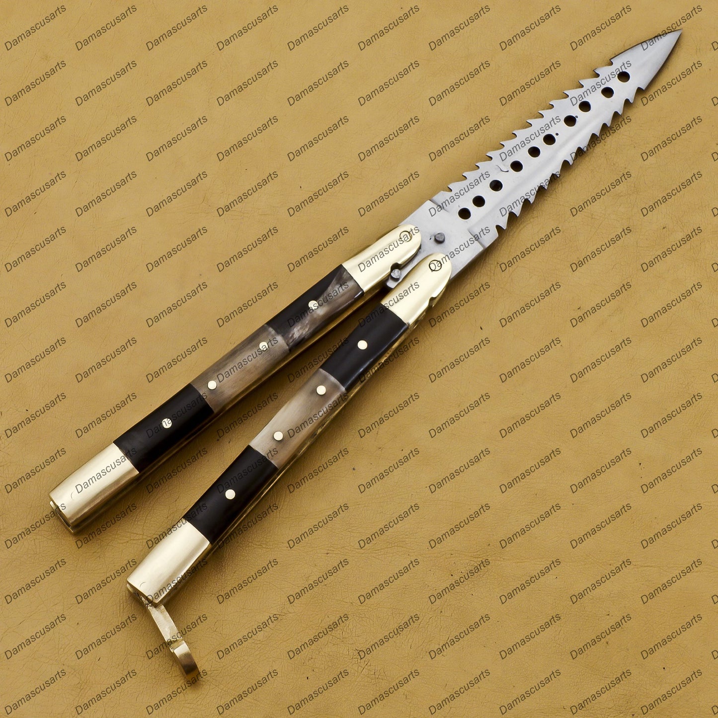 Personalize Handmaded2 Tool Steel Filipino Balisongs Butterfly Stainless Steel Brass with Bone with Rosewood Inserts Knives World-Class Knives with Leather Sheath