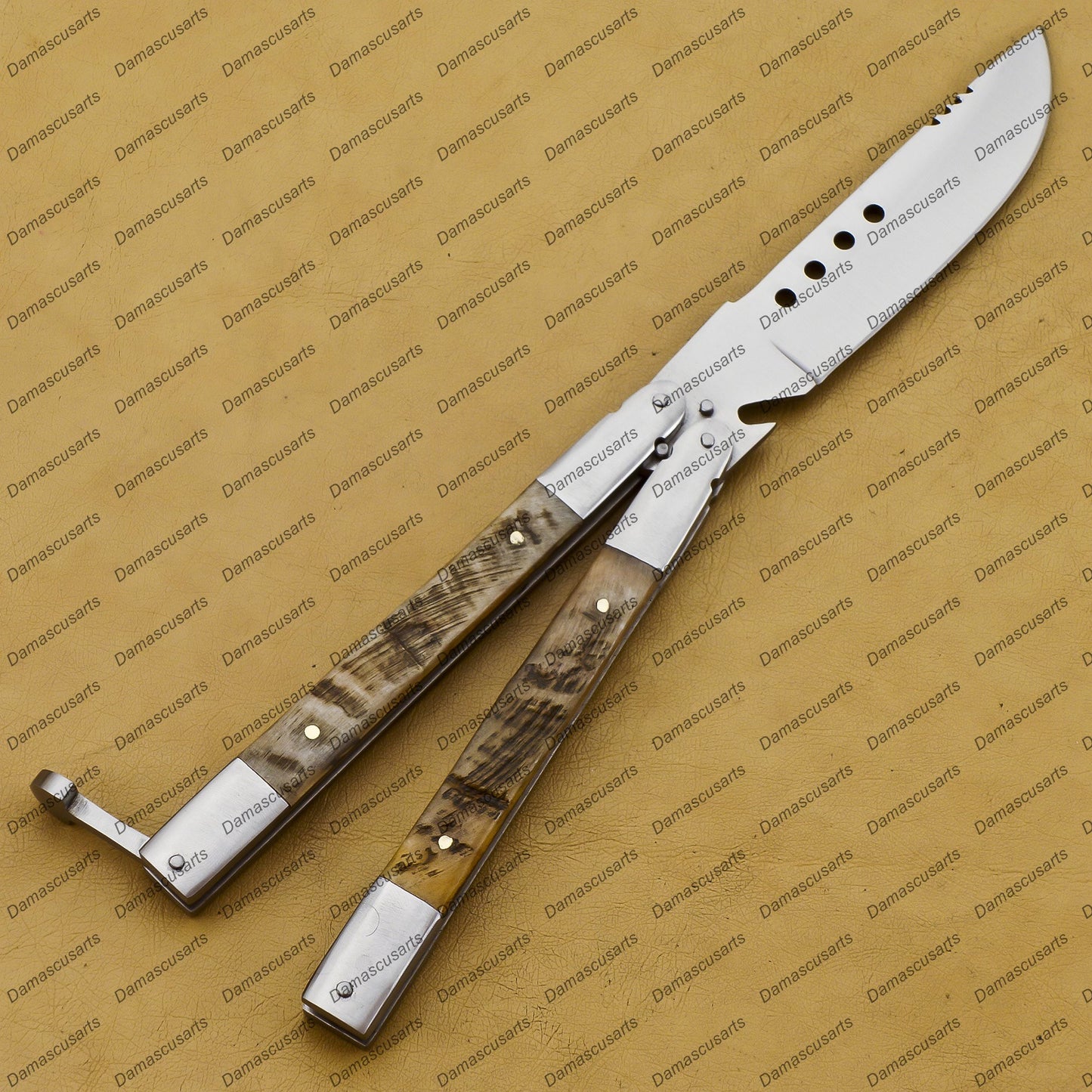 Personalized  Custom Handmade D2 Tool Steel Filipino Balisongs Butterfly Stainless Steel Buffalo Horn Inserts Knives World-Class Knives with Leather Sheath