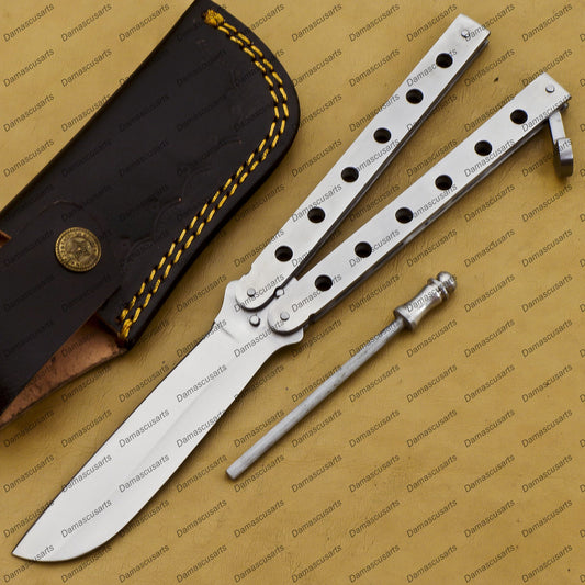 9.5"personalize Custom  Handmade Silver Blade High Carbon Filipino Balisong Butterfly Knife World Class Knives with Leather Sheath