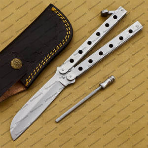 9.5"personalize Custom  Handmade Silver Blade High Carbon Filipino Balisong Butterfly Knife World Class Knives with Leather Sheath