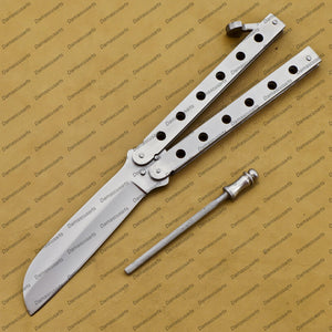 9.5"personalize Custom  Handmade Silver Blade High Carbon Filipino Balisong Butterfly Knife World Class Knives with Leather Sheath