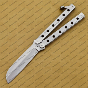 9.5"personalize Custom  Handmade Silver Blade High Carbon Filipino Balisong Butterfly Knife World Class Knives with Leather Sheath