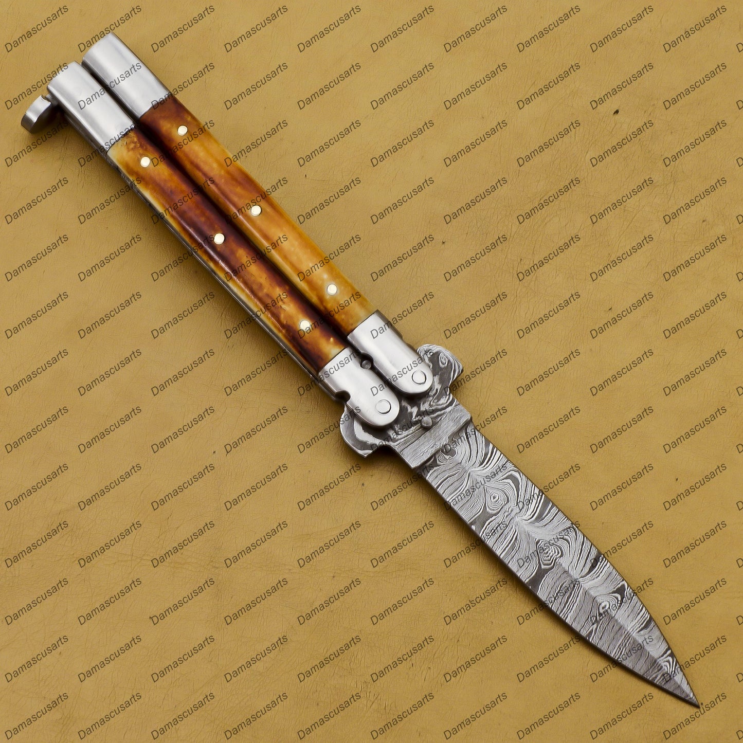 Personalize Custom Handmade High Carbon Steel Filipino Balisongs Butterfly Brass with Stainless Steel with Water Buffalo Horn with Leather Sheath