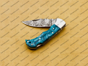 Customize Damascus Pocket Folding Knife, Groomsmen Gifts Anniversary Gift Authentic with Sharping Rod Leather Sheath