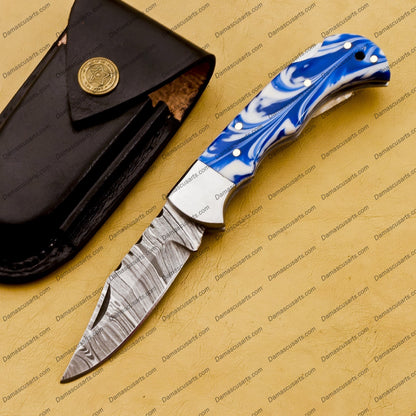 Customize Damascus Pocket Folding Knife, Groomsmen Gifts Anniversary Gift Authentic Damascus Steel Blade Gift for Him Sp-002