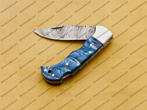 Customize Damascus Pocket Folding Knife, Groomsmen Gifts Anniversary Gift Authentic with Sharping Rod Leather Sheath Sp-003