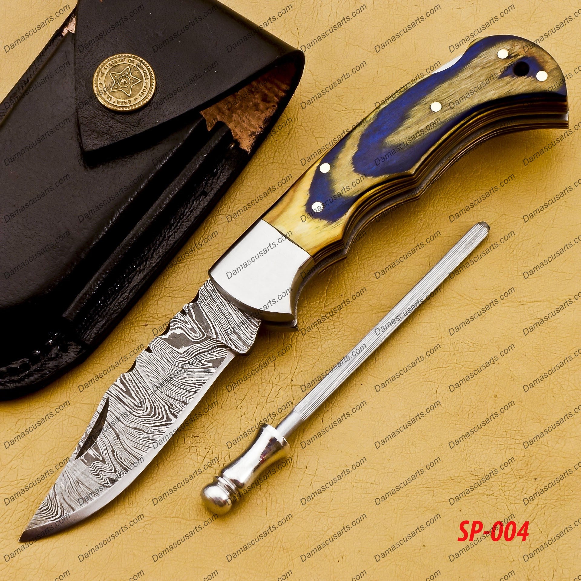 Damascus Steel Folding Pocket Knife Handmade Knife for Men Blade Made of Authentic Damascus Steel with Sharping Rod Leather Sheath Sf-004