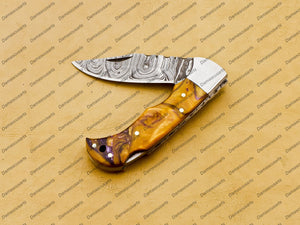 Personalized Custom Handmade Damascus Steel Folding Pocket Knife Handmade Knife for Men Blade Made of Authentic Damascus Steel with Sharping Rod Leather Sheath Sf-005