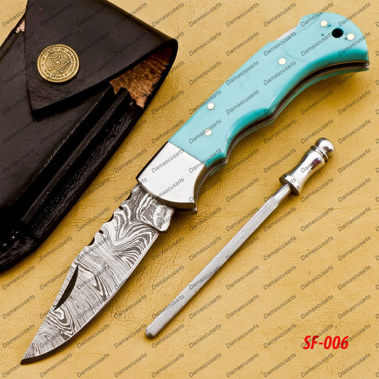 Personalized Custom Handmade Damascus Steel Folding Pocket Knife Handmade Knife for Men Blade Made of Authentic Damascus Steel with Leather Sheath Sf-006