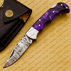 Personalized Custom Handmade Damascus Steel Folding Pocket Knife Handmade Knife for Men Blade Made of Authentic Damascus Steel with Sharping Rod Leather Sheath Sf-008