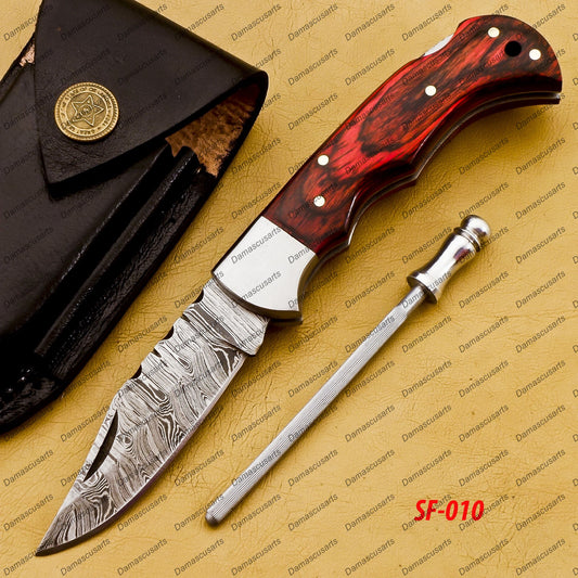 Personalized Custom Handmade Damascus Steel Folding Pocket Knife Handmade Knife for Men Blade Made of Authentic Damascus Steel with Sharping Rod Leather Sheath Sf-010