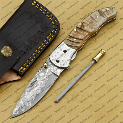 Handmade Damascus Folding Pocket knife Hunting knife 100% Handmade Damascus Steel Handle Ram Horn with leather Sheath