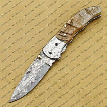 Handmade Damascus Folding Pocket knife Hunting knife 100% Handmade Damascus Steel Handle Ram Horn with leather Sheath