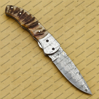 Handmade Damascus Folding Pocket knife Hunting knife 100% Handmade Damascus Steel Handle Ram Horn with leather Sheath