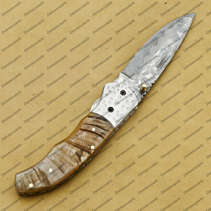 Handmade Damascus Folding Pocket knife Hunting knife 100% Handmade Damascus Steel Handle Ram Horn with leather Sheath