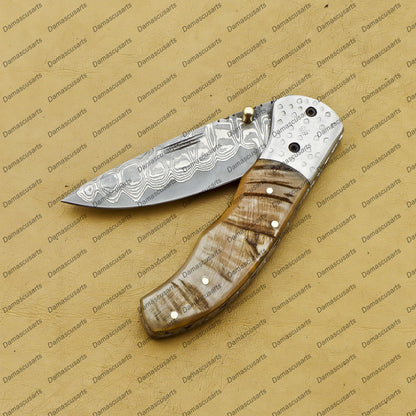 Handmade Damascus Folding Pocket knife Hunting knife 100% Handmade Damascus Steel Handle Ram Horn with leather Sheath