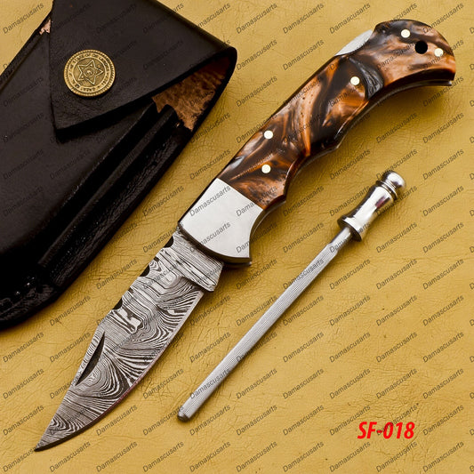 Personalized Custom Handmade Customize Damascus Pocket Folding Knife, Groomsmen Gifts Anniversary Gift Authentic Damascus Steel Blade Gift for Him Sf-018