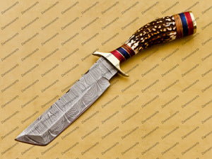 Personalized Custom Handmade Forged Hunter Knife Damascus Steel Tanto Knife Handle Deer Antlar and Wood with Leather Sheath