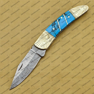 7" beautiful marble and braes handle Handmade Damascus Folding Pocket knife Hunting knife 100% Handmade Damascus groomsmen gifts