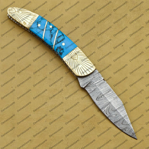 7" beautiful marble and braes handle Handmade Damascus Folding Pocket knife Hunting knife 100% Handmade Damascus groomsmen gifts