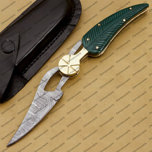 Personalized Custom Handmade Damascus Folding Pocket Knife Hunting Knife 100% Handmade Damascus Steel Handle Wood with Leather Sheath