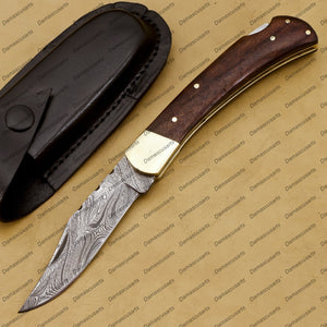 Personalized Custom Hand Made Closed 9″blade Pocket Knife Hunting Knife Wengy Wood Handle with Damascus with Leather Sheath