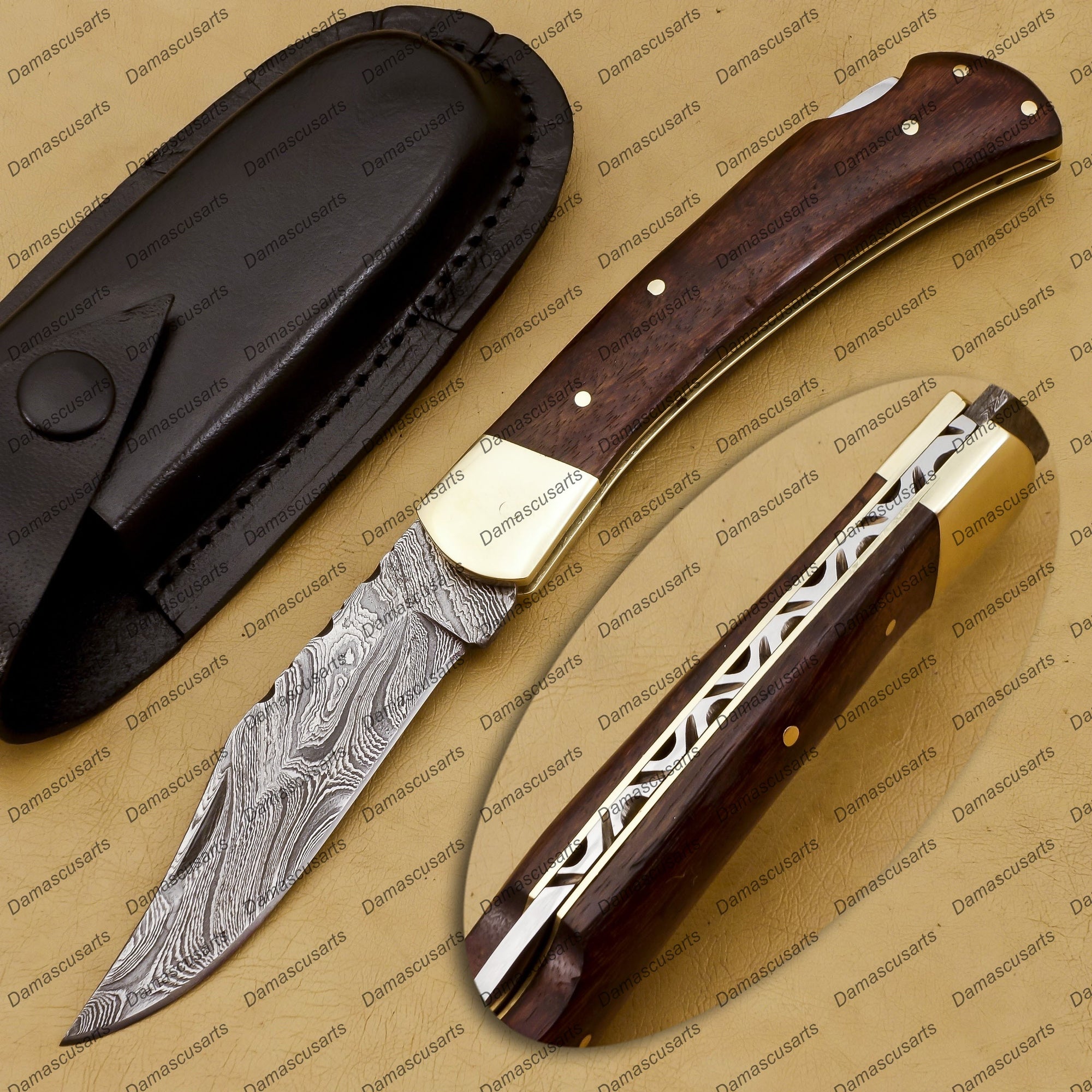 Personalized Custom Hand Made Closed 9″blade Pocket Knife Hunting Knife Wengy Wood Handle with Damascus with Leather Sheath