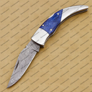 Personalized 8" Handmade Damascus Pocket Knife Blue Lagoon Folding Knife Custom Knife Hande Made Usa Made with Leather Sheath