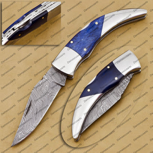 Personalized 8" Handmade Damascus Pocket Knife Blue Lagoon Folding Knife Custom Knife Hande Made Usa Made with Leather Sheath