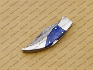 Personalized 8" Handmade Damascus Pocket Knife Blue Lagoon Folding Knife Custom Knife Hande Made Usa Made with Leather Sheath