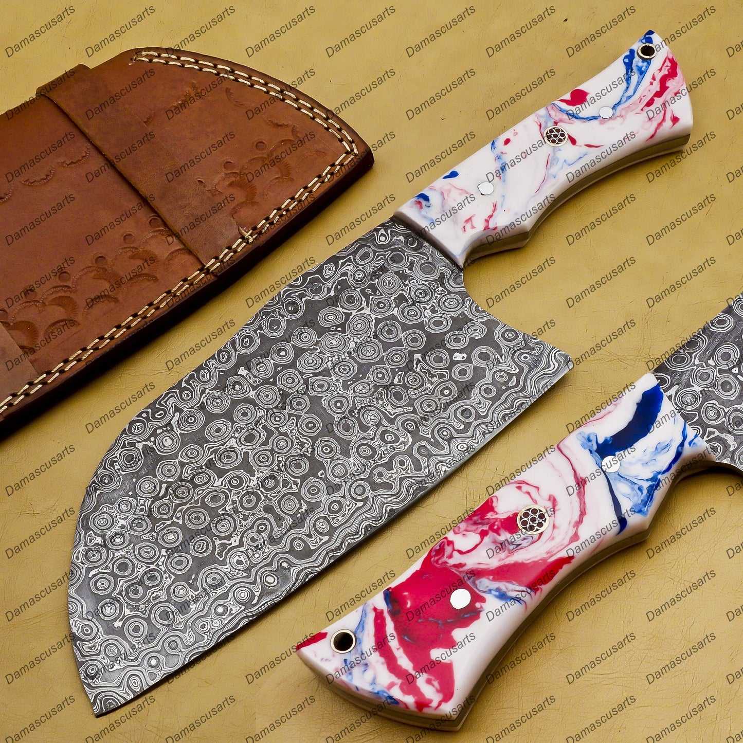 Handmade Damascus Steel Cleaver Chopper Chef Kitchen Knife Heavy Duty Damascus Handle German Razon with Leather Sheeth