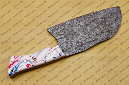 Handmade Damascus Steel Cleaver Chopper Chef Kitchen Knife Heavy Duty Damascus Handle German Razon with Leather Sheeth