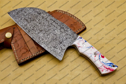 Handmade Damascus Steel Cleaver Chopper Chef Kitchen Knife Heavy Duty Damascus Handle German Razon with Leather Sheeth