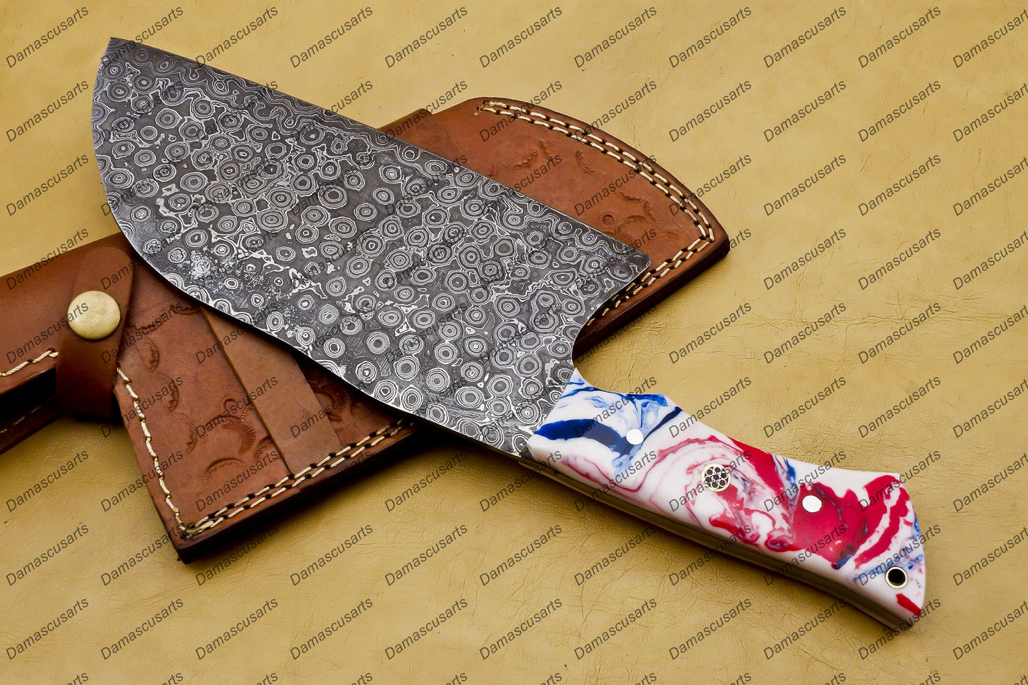 Handmade Damascus Steel Cleaver Chopper Chef Kitchen Knife Heavy Duty Damascus Handle German Razon with Leather Sheeth