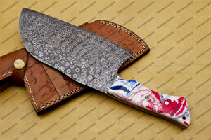 Handmade Damascus Steel Cleaver Chopper Chef Kitchen Knife Heavy Duty Damascus Handle German Razon with Leather Sheeth