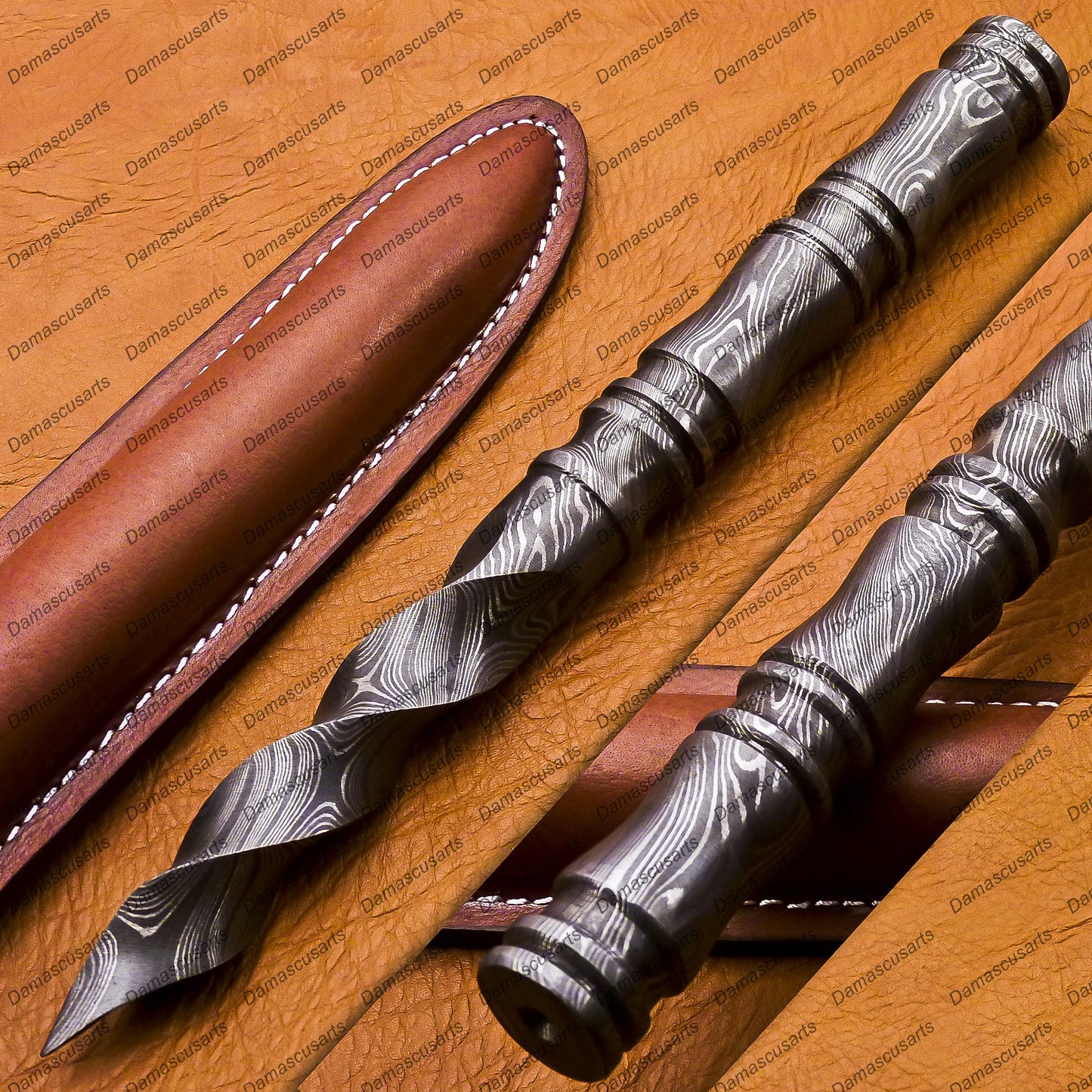 Personalized 6.5 inch Custom Forged Hunter Damascus Steel Tri Dagger Hand Forged Twisted Pattern Kris Dagger With Leather Cover